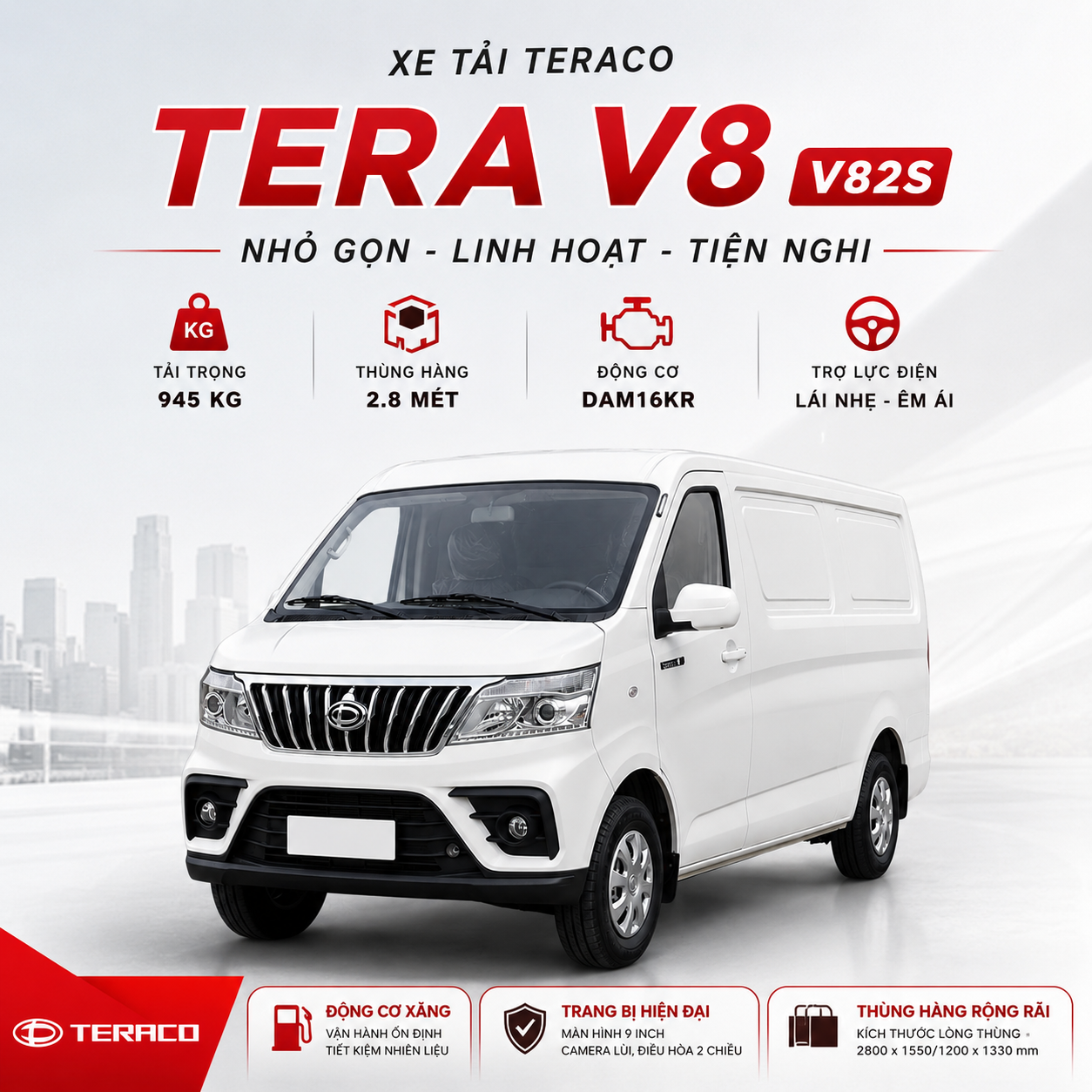 XE TẢI VAN TERA V8 2S –  945KG | THÙNG KÍN 2M8, ĐỘNG CƠ XĂNG DAM16KR