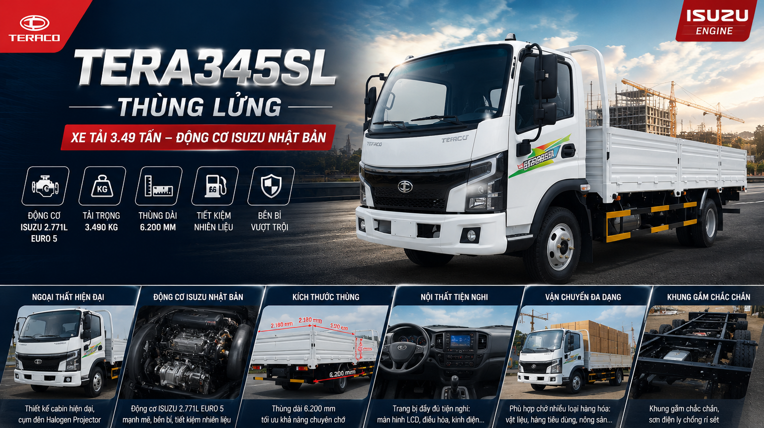 TERACO TERA345SL Thùng Lửng – Xe tải 3.49 tấn động cơ ISUZU, thùng dài 6m2