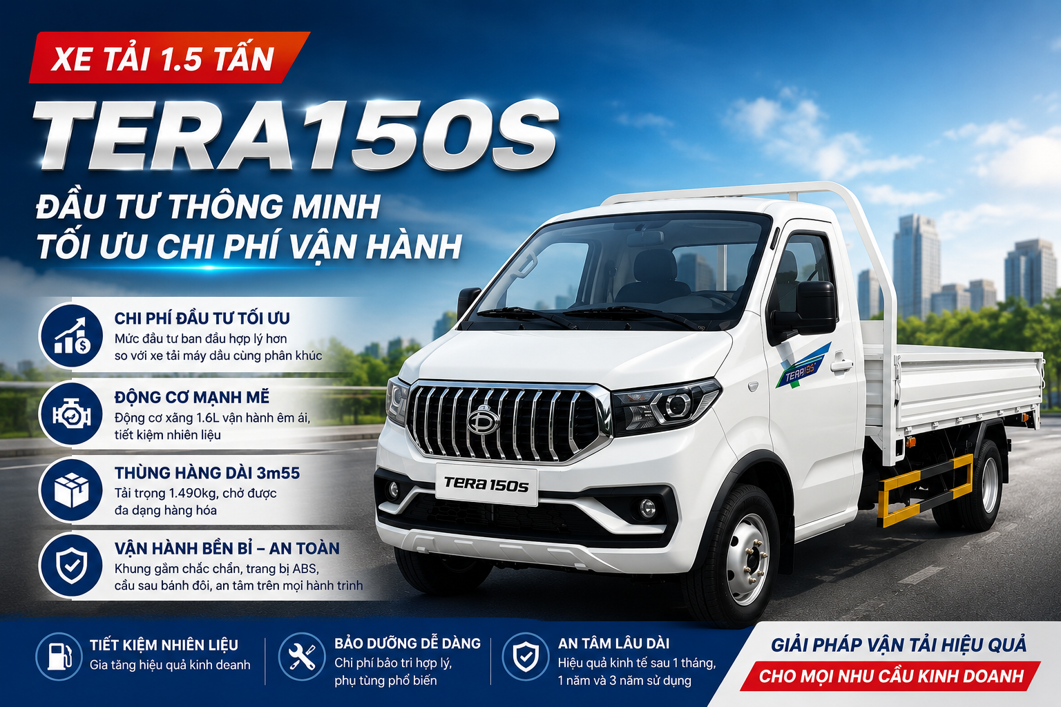 Xe tải TERA150S - Giải pháp đầu tư thông minh cùng xe tải máy xăng, tối ưu chi phí vận hành