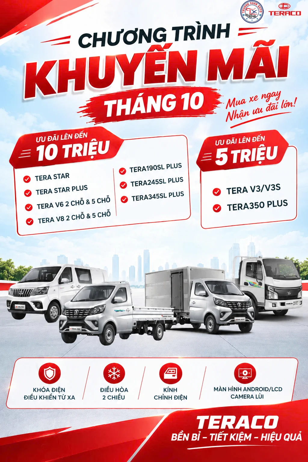 CHƯƠNG TRÌNH KHUYẾN MÃI THÁNG 10/2026: MUA XE TẢI TERACO - NHẬN ƯU ĐÃI TIỀN MẶT ĐẾN 10 TRIỆU ĐỒNG